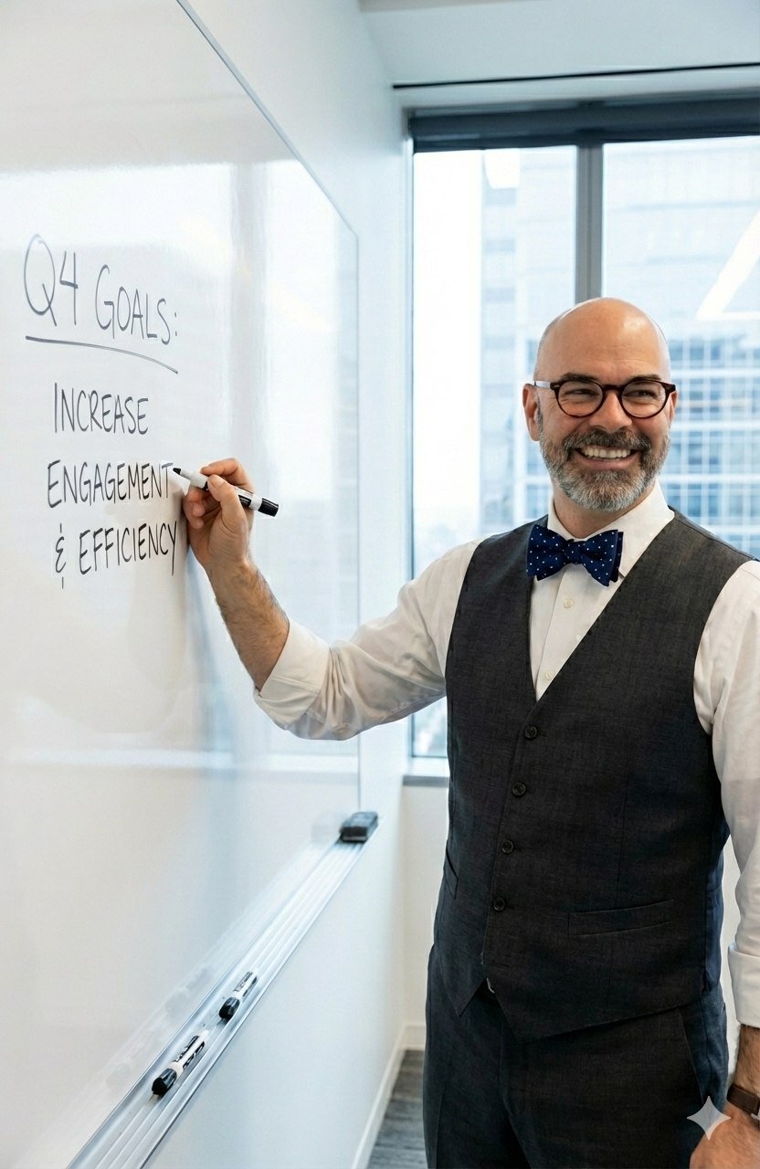 Jerry Ervin smiling while writing leadership goals on a whiteboard